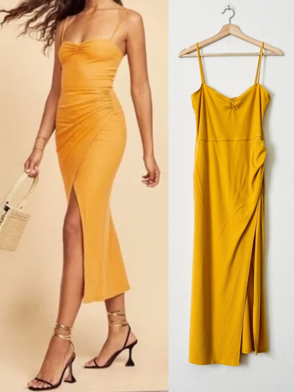 Reformation LARGE Formosa ribbed knit sweetheart neck midi dress in Ochre